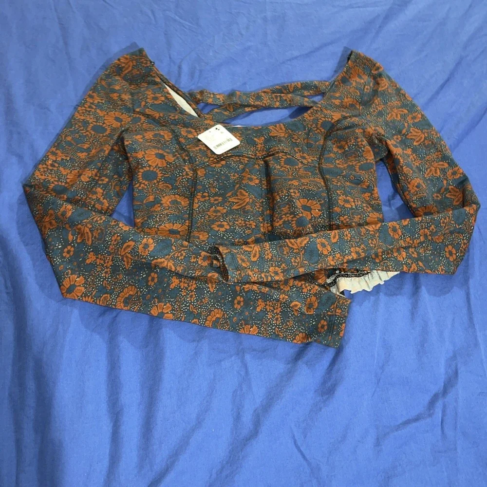 Free People Melanie Long Sleeve Top in Night Combo Large Crop Criss Cross Back